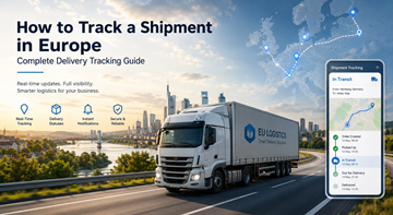 Dashboard di tracking delle spedizioni nella logistica europea che mostra percorsi dei camion, tracciamento GPS e stati di consegna in tutta Europa